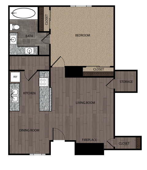 Rendered drawing of one bedroom one full bathroom and kitchen. Approximately 729 square feet.
