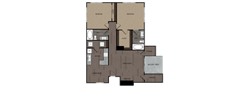 Rendered drawing of two bedroom two full bathroom and kitchen. Approximately 1029-1044 square feet.