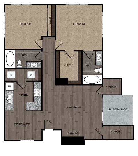 Rendered drawing of two bedroom two full bathroom and kitchen. Approximately 1029-1044 square feet.