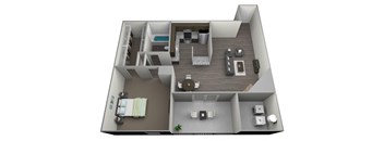 3D rendered drawing of a one bedroom one full bathroom floorplan with full kitchen, private patio-balcony, and washer and dryer connections. Approximately 660 square feet.