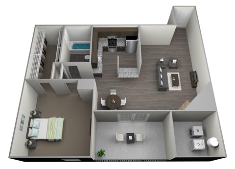 3D rendered drawing of a one bedroom one full bathroom floorplan with full kitchen, private patio-balcony, and washer and dryer connections. Approximately 660 square feet.