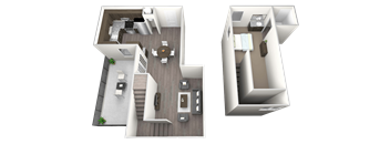 A 3D floor plan of a two-bedroom apartment with a living room, kitchen, and bathroom.