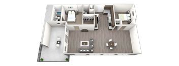 A 3D floor plan of a house with a kitchen, living room, and bedrooms.