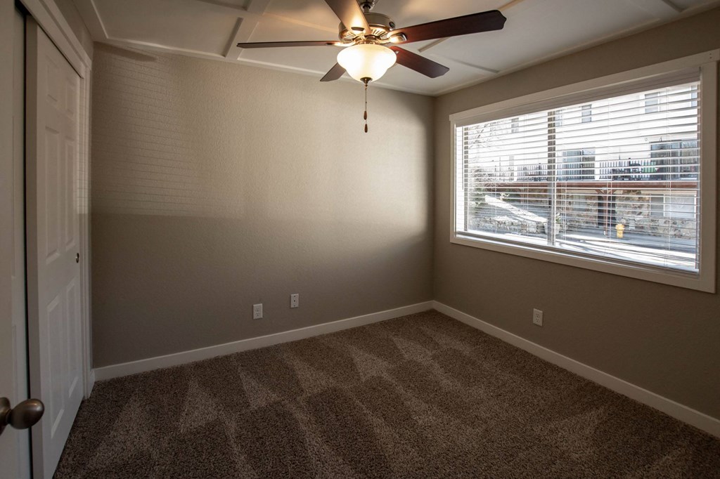 View from bedroom with carpet flooring, ceiling fan, well lit window and sliding door to closet