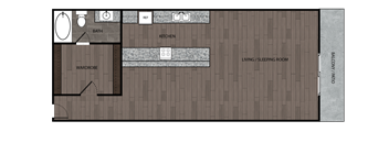 2D rendered drawing of studio and one full bathroom and kitchen floorplan with walk in wardrobe. Approximately 448 square feet.