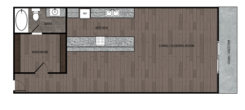 2D rendered drawing of studio and one full bathroom and kitchen floorplan with walk in wardrobe. Approximately 448 square feet.