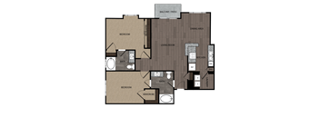 rendered drawing of two bedroom two full bathroom and kitchen with private patio/balcony. Approximately 1133 square feet