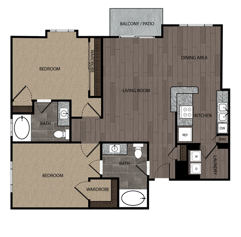 rendered drawing of two bedroom two full bathroom and kitchen with private patio/balcony. Approximately 1133 square feet