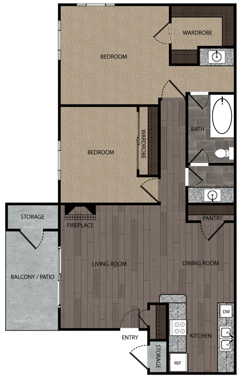 Plumas layout 2bed 1 bath Floorplan at Sierra Oaks Living Apartments, Cameron Park, CA 95682
