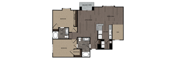 rendered drawing of two bedroom two full bathroom and kitchen with private patio/balcony. Approximately 1436 square feet