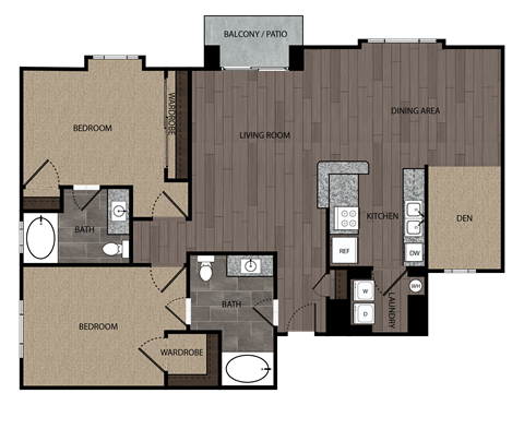 rendered drawing of two bedroom two full bathroom and kitchen with private patio/balcony. Approximately 1436 square feet