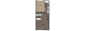 A floor plan of a house with a bedroom, living room, kitchen, and bathroom.