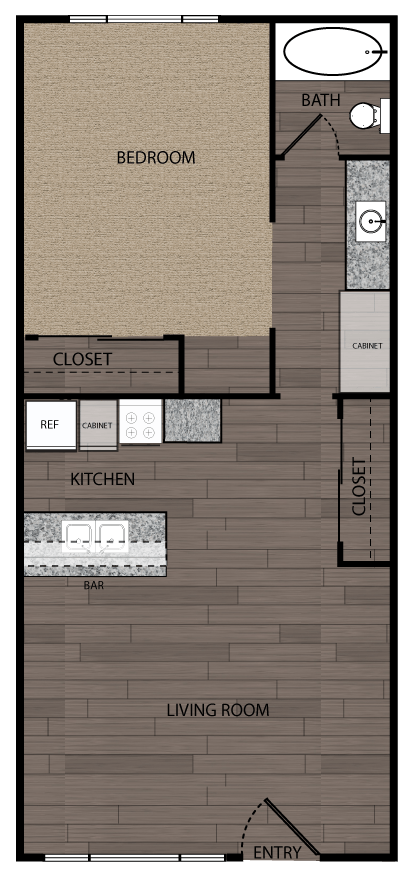 A floor plan of a house with a bedroom, living room, kitchen, and bathroom.