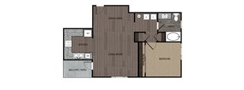rendered drawing of one bedroom one full bathroom and kitchen with private patio/balcony. Approximately 843 square feet