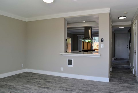 view for living area into kitchen and hall