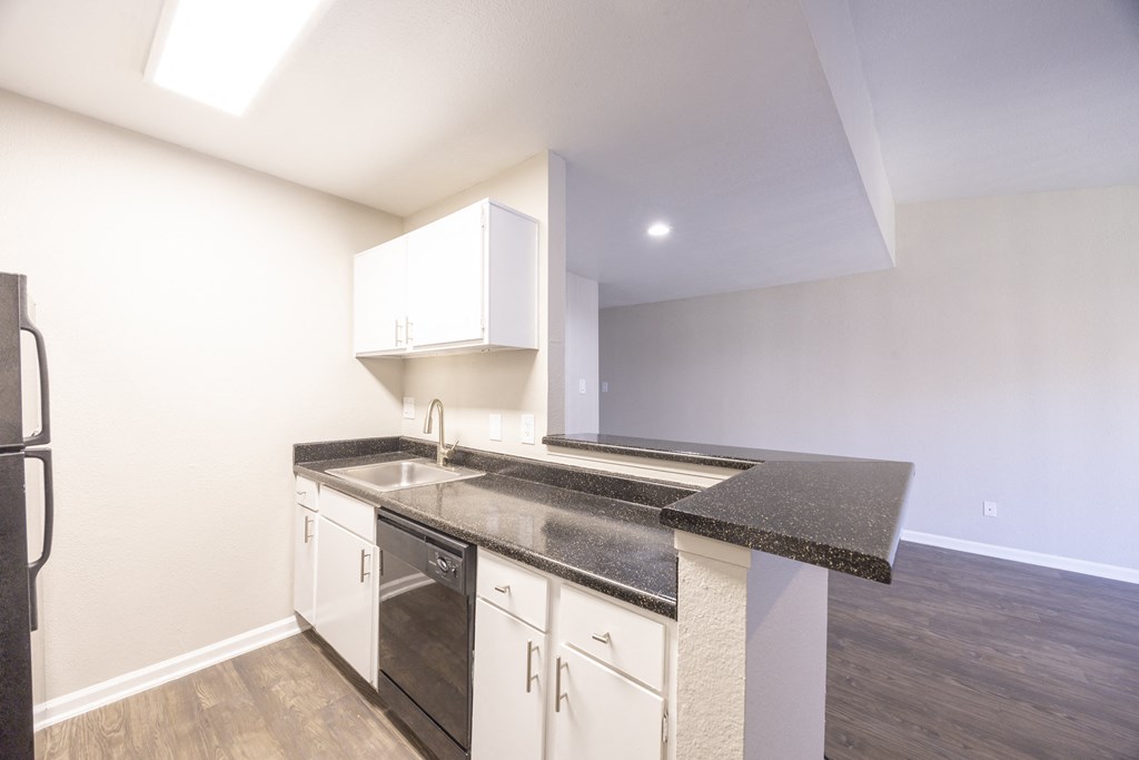 a kitchen with white cabinets and a counter top and a sink