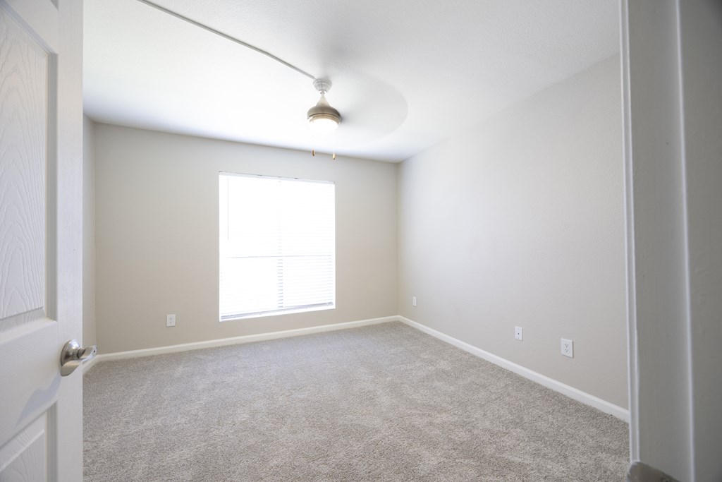 an empty room with carpet and a window