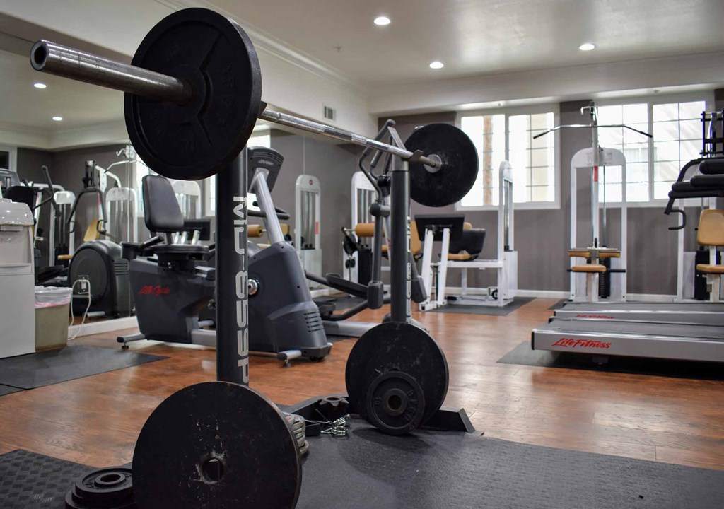 View of community gym with squat rack, stationary bike, treadmill, and weight machines