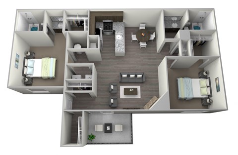Rendered 3D floorplan of two bedroom two full bathroom and open kitchen. With washer and dryer included, large indoor storage closet, private patio/ balcony. Approximately 1010 square feet.