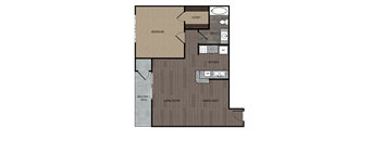 Rendered drawing of one bedroom one full bathroom and kitchen floorplan with private patio/balcony. Approximately 662 square feet.