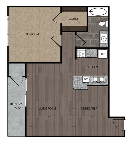 Rendered drawing of one bedroom one full bathroom and kitchen floorplan with private patio/balcony. Approximately 662 square feet.