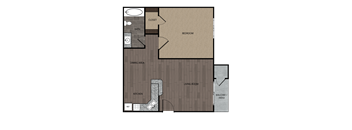 Rendered drawing of one bedroom one full bathroom and kitchen floorplan with private patio/balcony. Approximately 577 square feet.
