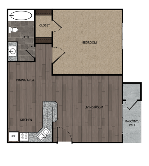 Rendered drawing of one bedroom one full bathroom and kitchen floorplan with private patio/balcony. Approximately 577 square feet.