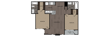 Rendered drawing of two bedroom two full bathroom and kitchen floorplan with private patio/balcony. Approximately 884 square feet.