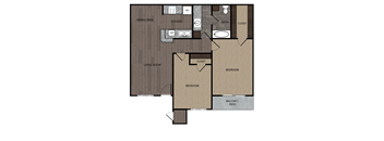 Rendered drawing of two bedroom one full bathroom and kitchen floorplan with private patio/balcony. Approximately 850 square feet.