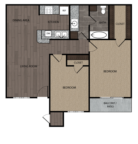 Rendered drawing of two bedroom one full bathroom and kitchen floorplan with private patio/balcony. Approximately 850 square feet.