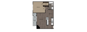 Rendered drawing of one bedroom one full bathroom and kitchen floorplan with private patio/balcony. Approximately 662 square feet.