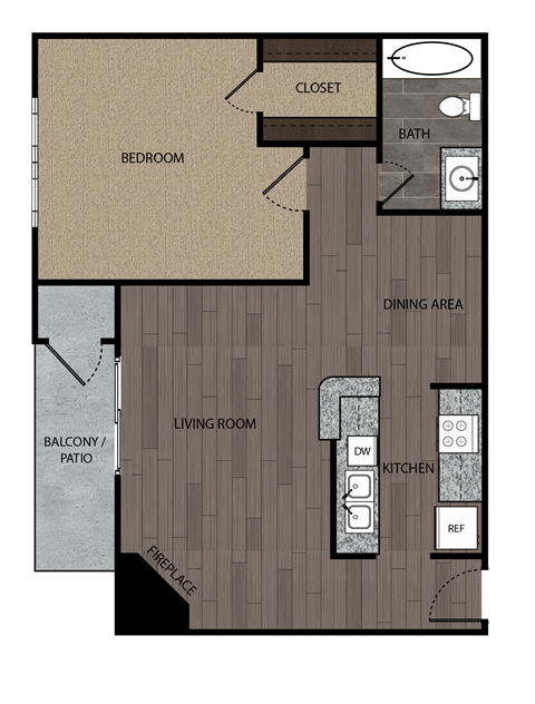 Rendered drawing of one bedroom one full bathroom and kitchen floorplan with private patio/balcony. Approximately 662 square feet.