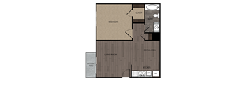 Rendered drawing of one bedroom one full bathroom and kitchen floorplan with private patio/balcony. Approximately 518 square feet.