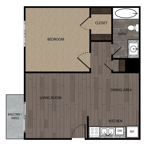 Rendered drawing of one bedroom one full bathroom and kitchen floorplan with private patio/balcony. Approximately 518 square feet.