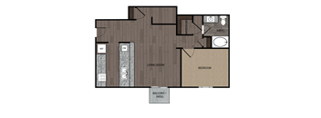 rendered drawing of one bedroom one full bathroom and kitchen with private patio/balcony. Approximately 890 square feet
