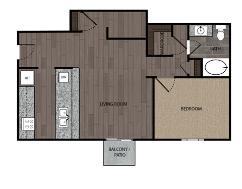 rendered drawing of one bedroom one full bathroom and kitchen with private patio/balcony. Approximately 890 square feet