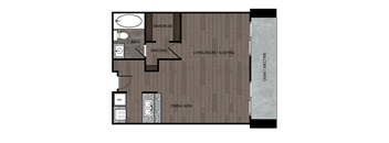 Studio apartment featuring a full kitchen and bathroom approximately 505 square feet, Floorplan is an artist rendering and all dimensions are approximate, Actual units vary in dimension and detail. Not all features are available in every unit. Prices and availability are subject to change without notice. Please call a representative for details