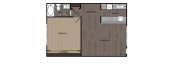 2D rendered drawing of one bedroom one full bathroom and kitchen floorplan. Approximately 506 square feet.