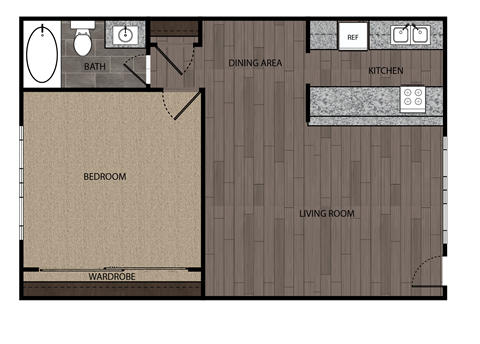 2D rendered drawing of one bedroom one full bathroom and kitchen floorplan. Approximately 506 square feet.