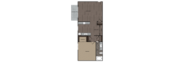 2D rendering of one bedroom one full bathroom floor plan featuring private patio. Approximately 627 square feet.