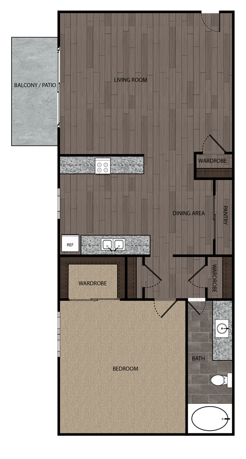 2D rendering of one bedroom one full bathroom floor plan featuring private patio. Approximately 627 square feet.