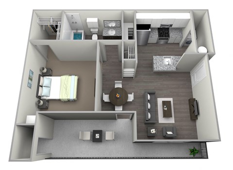 3D rendered art of one bedroom one full bath with walk in closet, private patio/balcony with storage, and washer and dryer. Approximately 819 square feet
