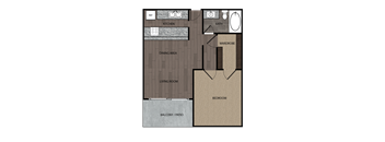 2D rendered drawing of one bedroom one full bathroom and kitchen floorplan. Approximately 672 square feet.