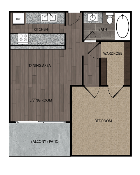 2D rendered drawing of one bedroom one full bathroom and kitchen floorplan. Approximately 672 square feet.