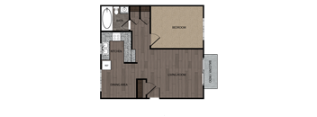 Rendered drawing of one bedroom one full bathroom and kitchen floorplan with private patio/balcony. Approximately 648 square feet