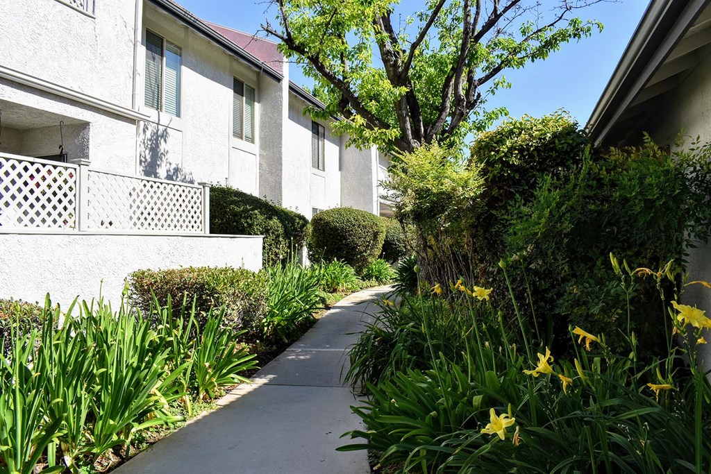 View of exterior building with sidewalk and green shrubbery