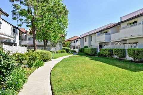 A residential area with apartment buildings and a well-maintained lawn.