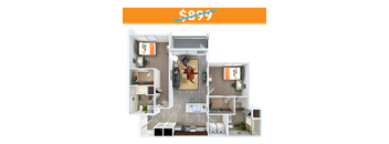 A dollar sign is displayed above a 3D floor plan of a house.