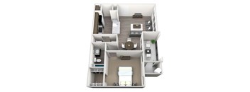 3D rendered drawing of one bedroom one full bathroom and kitchen floor plan with private patio/balcony with outside storage. Approximately 829 square feet.