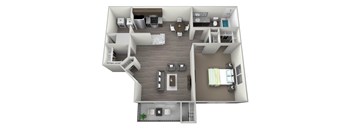 3D rendered drawing of a one bedroom one full bathroom and kitchen floorplan. Featuring a walk in closet in the bedroom and large additional closet in living area, Washer and dryer included. Private patio/balcony with additional outside storage. Approximately 740 square feet.